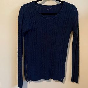 American Eagle,Blue cable sweater, with double side zip detail.